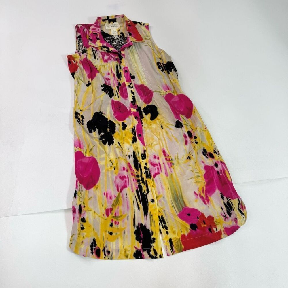 Anthropologie Tabitha Aubrieta Shirtdress Womens 6 Yellow‎ Pink 100% Silk Floral